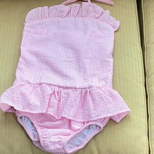 New without tag girls seersucker bathing suit.  Size 5/6T pink